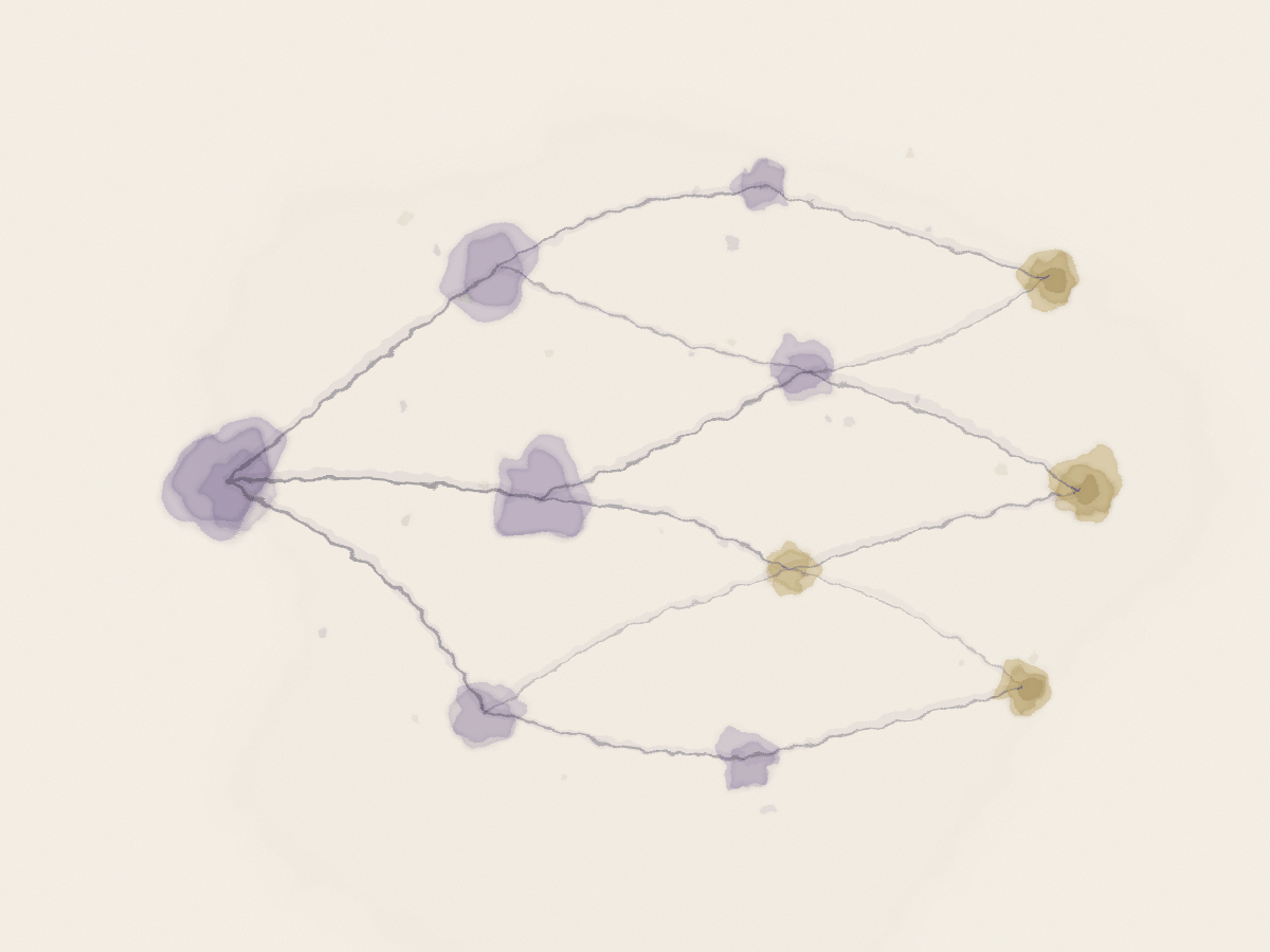 Abstract watercolor of interlocking violet and gold strokes in branching paths — agentic workflows