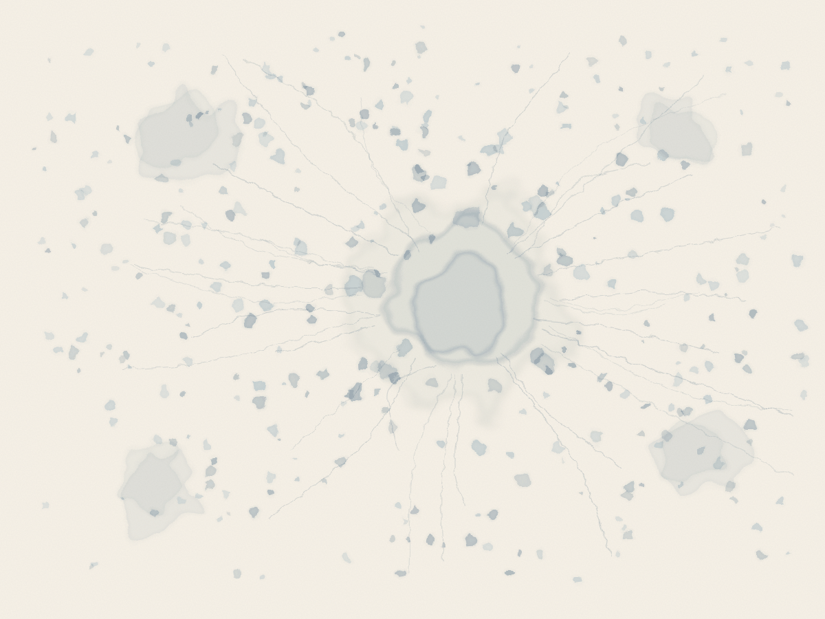 Abstract watercolor of layered blue washes converging toward a bright center — enterprise search